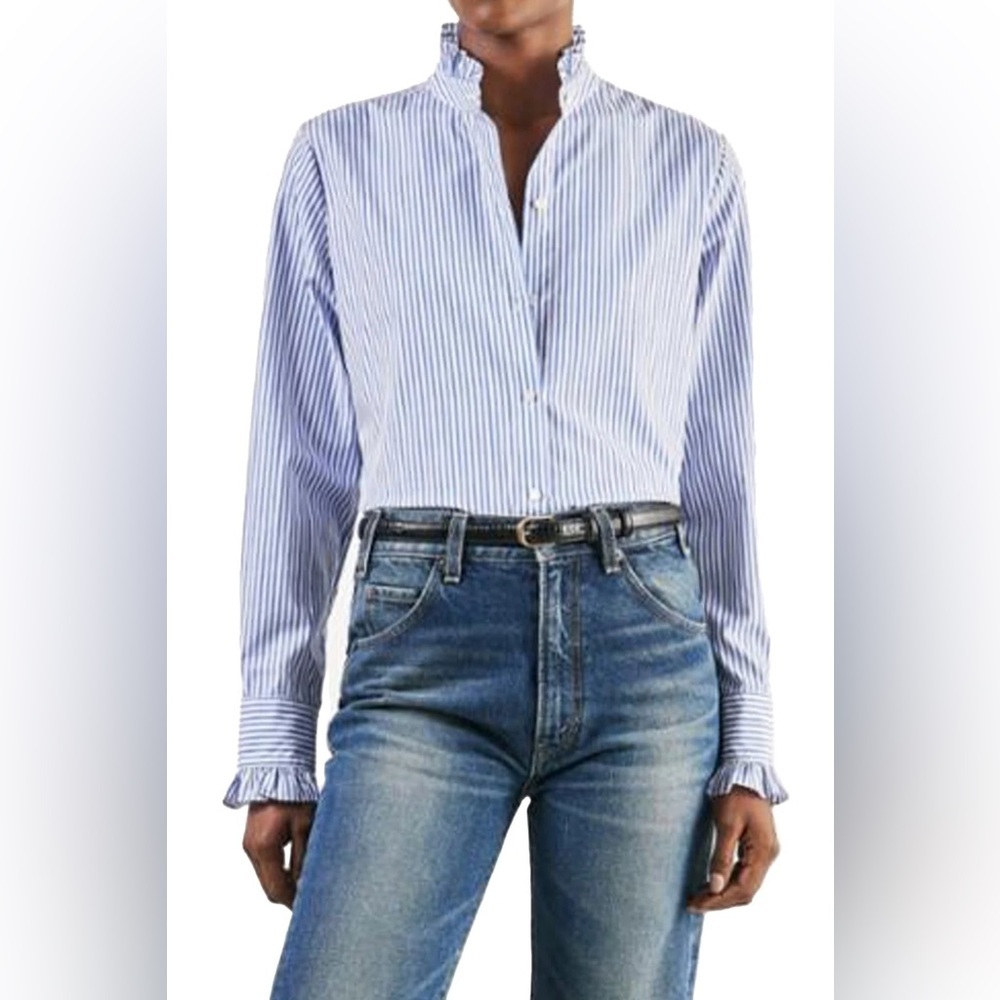 Nwot Nili Lotan Lydia Ruffle Collar Blue White Stripe Button Down Shirt L